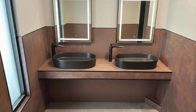 Twin matte black counter-top basins with LED mirrors and rust-effect wall panels installed by bathroom fitters in Kent